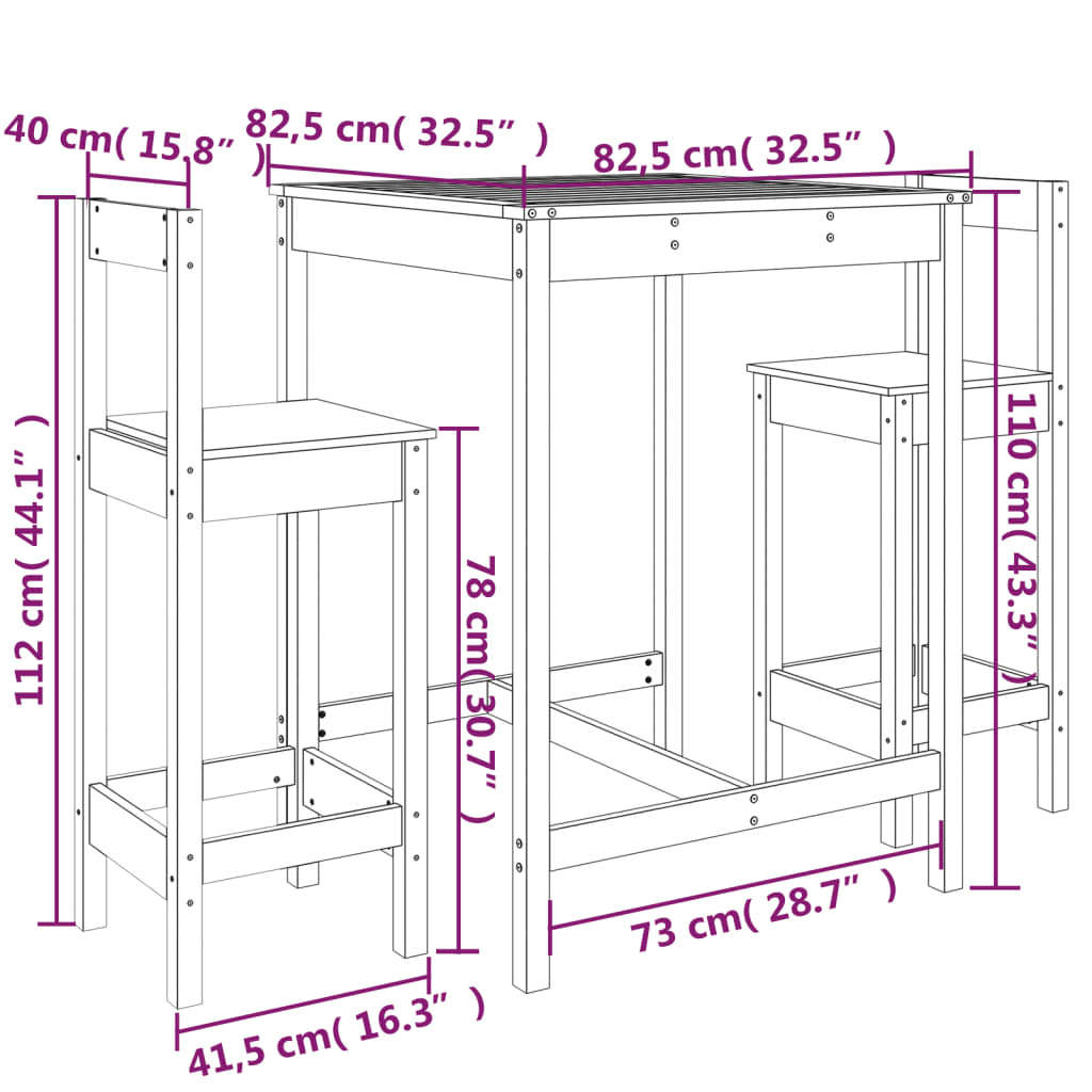 Set de mesa y taburetes altos jardín 3 pzas madera pino negro vidaXL