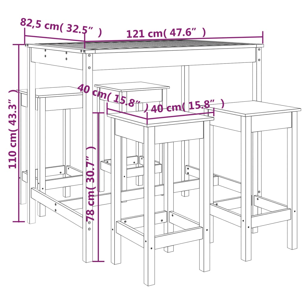 Set de mesa y taburetes altos jardín 5 pzas madera maciza pino vidaXL