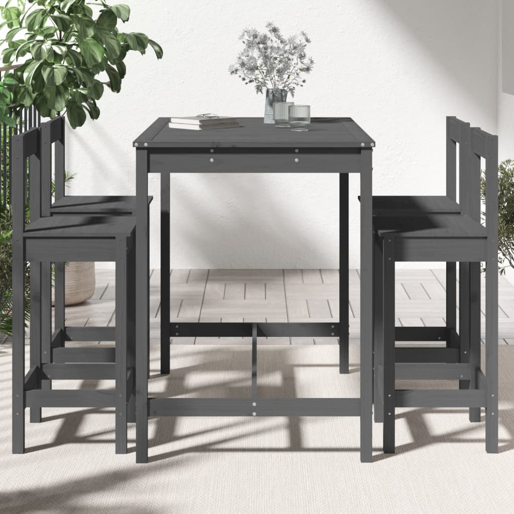 Table set and stool high garden 5 pieces wood gray pine