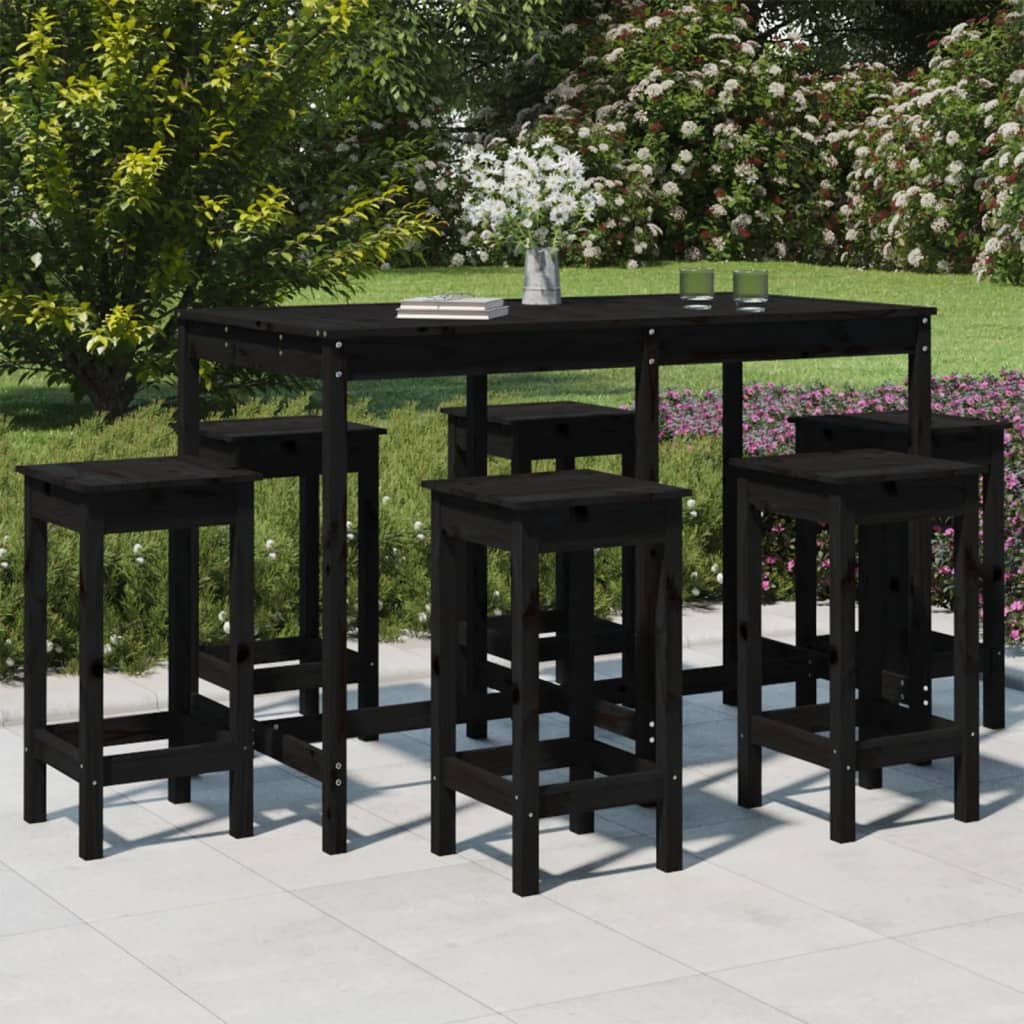 Vetonek Set de mesa y taburetes altos jardín 7 piezas madera pino negro