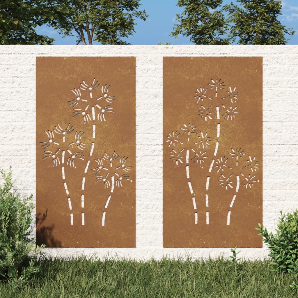 Vetonek Adorno pared jardín 2 uds acero corten diseño flores 105x55 cm