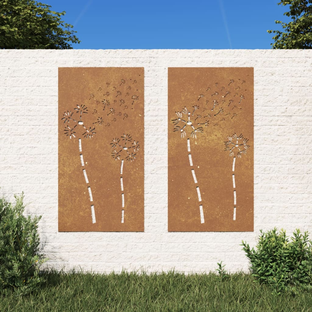 Vetonek Adorno pared jardín 2 uds acero corten diseño flores 105x55 cm