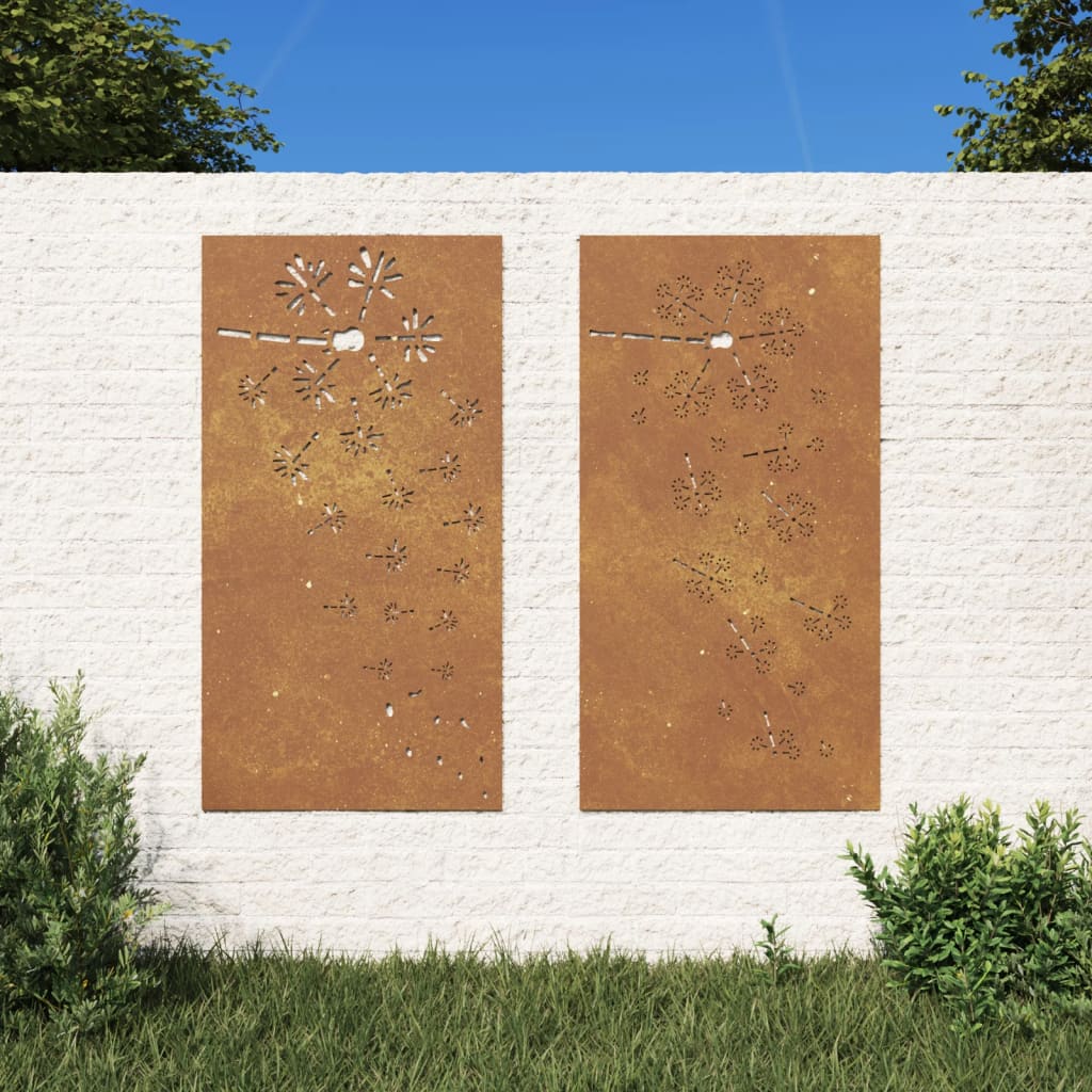 Vetonek Adorno pared jardín 2 uds acero corten diseño flores 105x55 cm