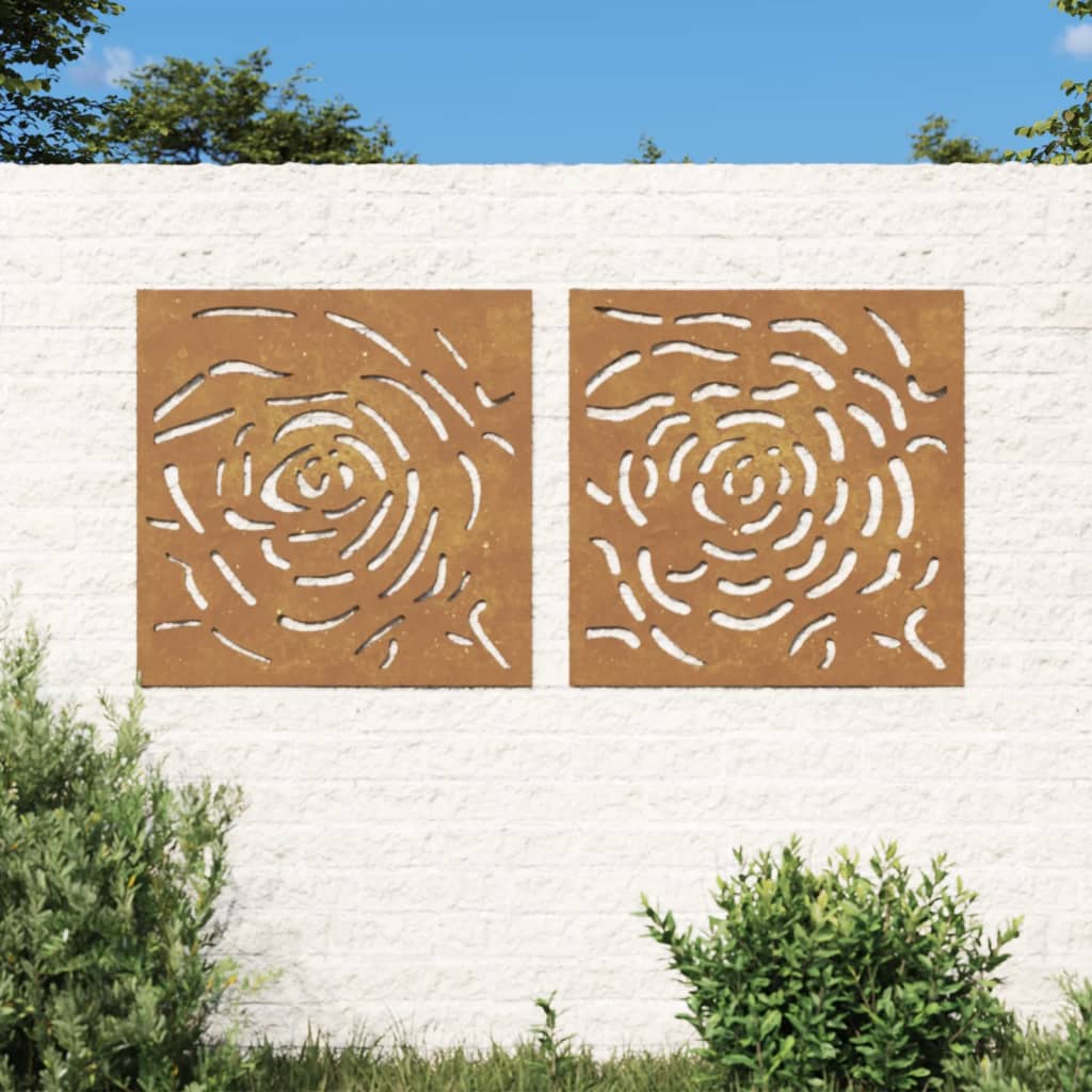 Vetonek Adorno de pared jardín 2 uds acero corten diseño rosa 55x55 cm