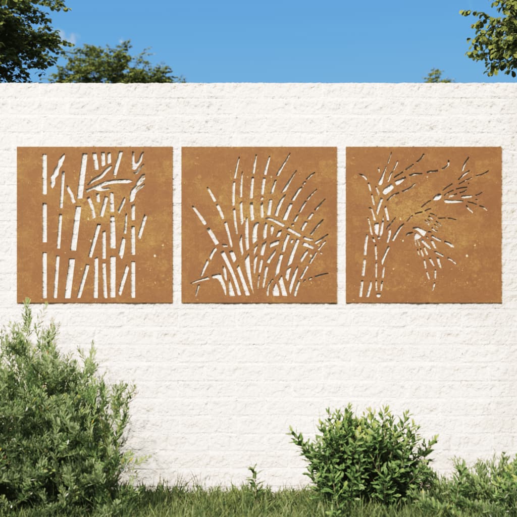 Vetonek Adorno pared jardín 3 uds acero corten diseño hierba 55x55 cm