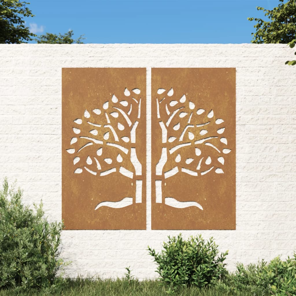 Vetonek Adorno pared jardín 2 uds acero corten diseño árbol 105x55 cm