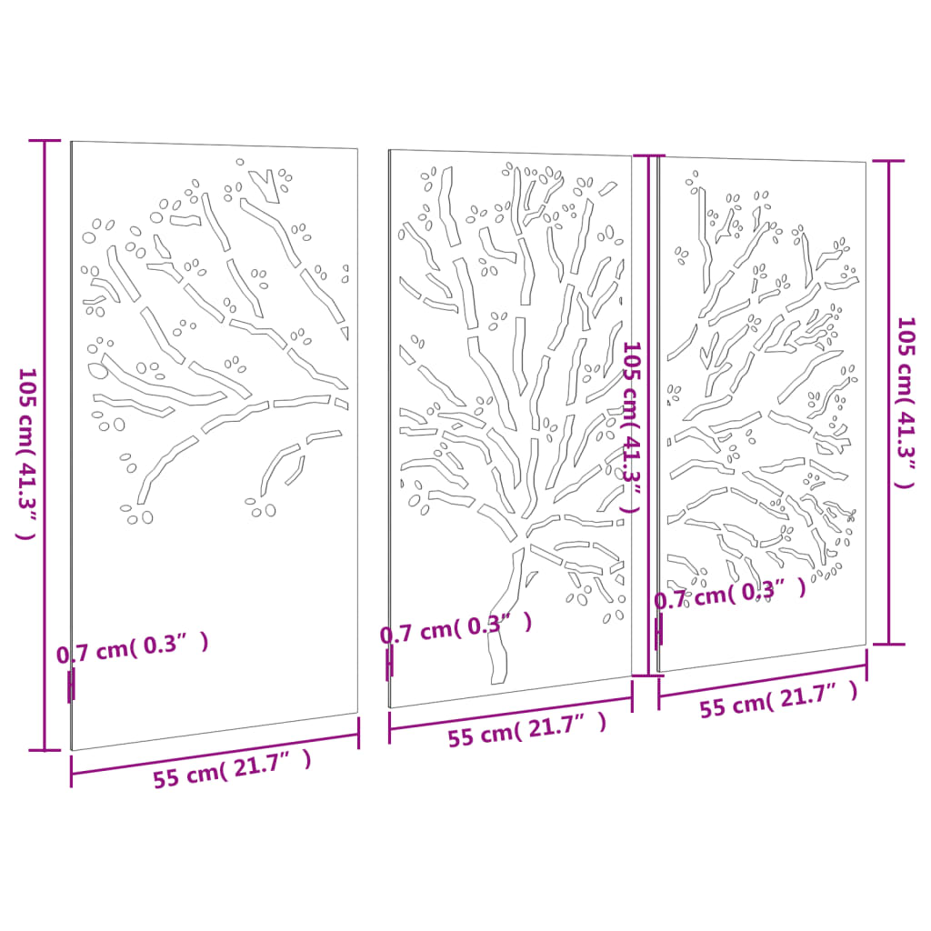 Adorno pared jardín 3 pzas acero corten diseño árbol 105x55 cm