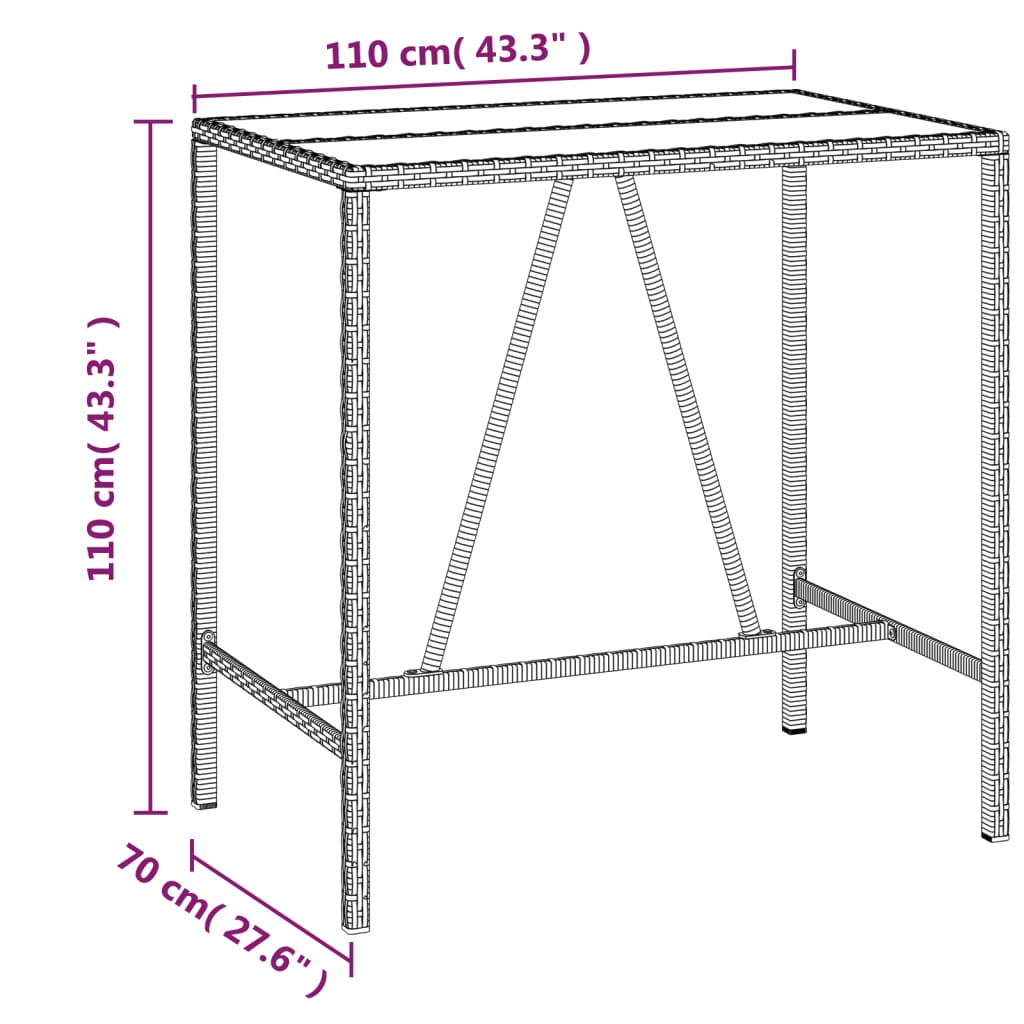 Mesa alta bar con superficie vidrio ratán PE gris 110x70x110 cm vidaXL