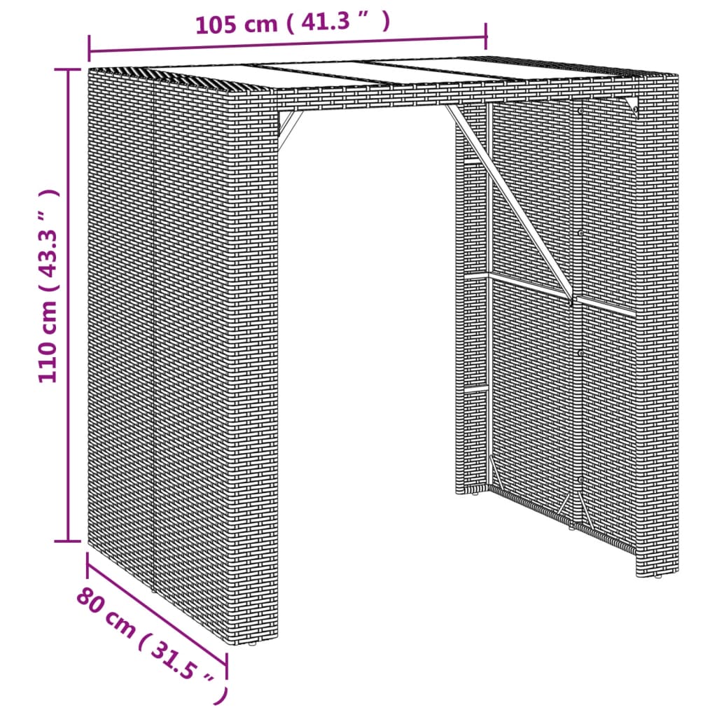 Table high bar ratán pe and surface black glass 105x80x110 cm