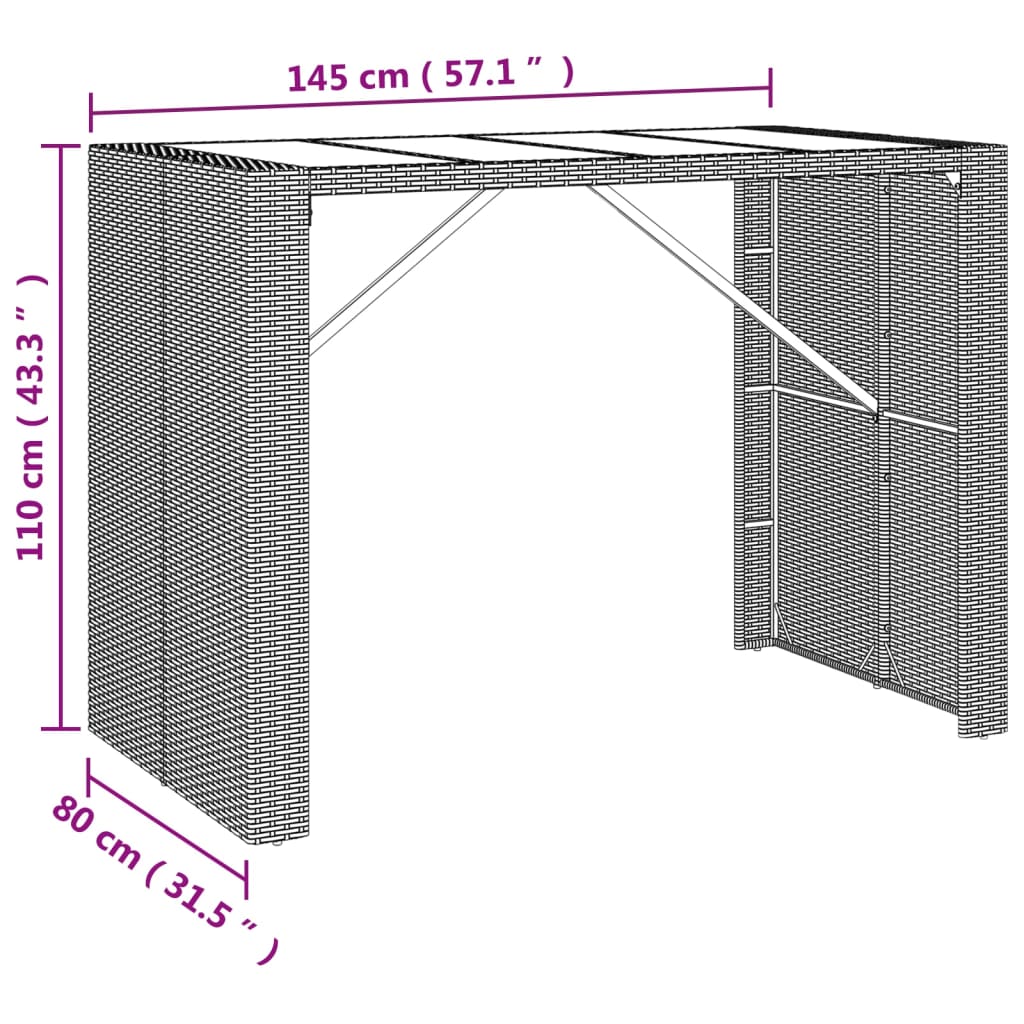 High table bar Surface ratán pe brown 145x80x110 cm