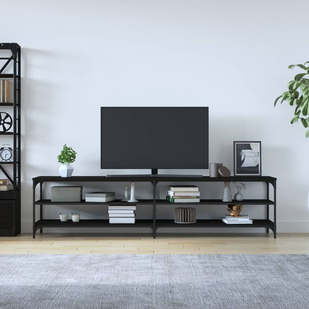 Mueble de TV metal y madera negro 200x30x50 cm