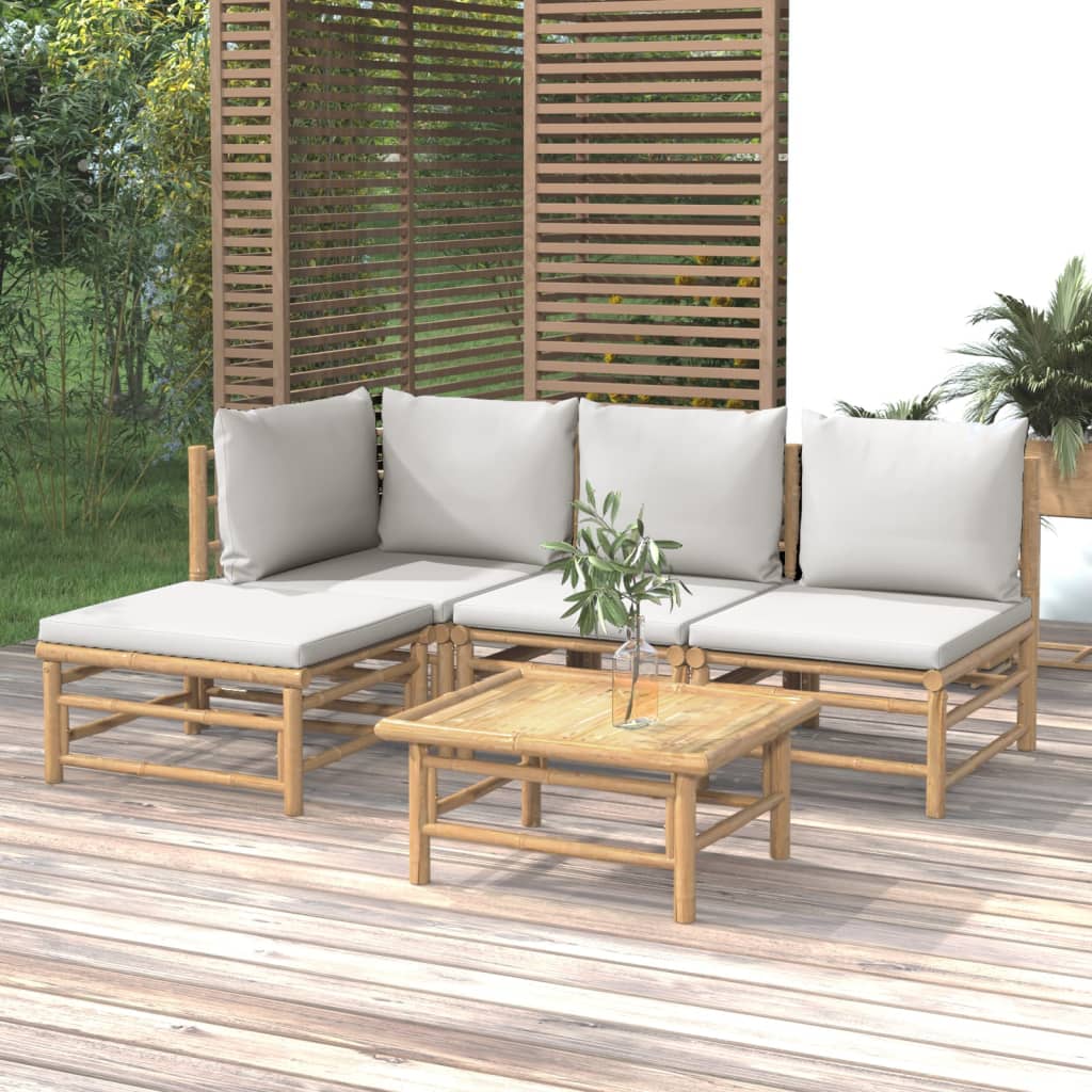 Vetonek Set de muebles de jardín 5 piezas bambú y cojines gris claro