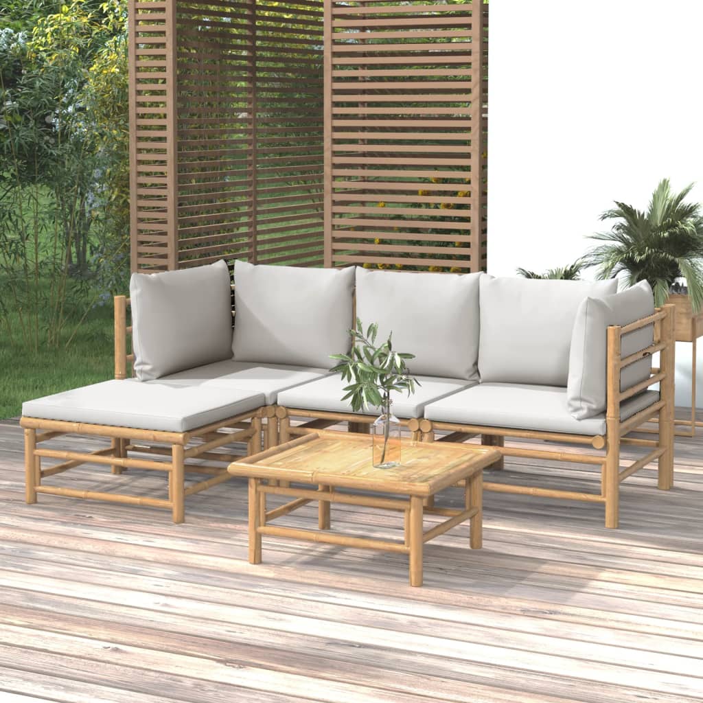 Vetonek Set de muebles de jardín 5 piezas bambú y cojines gris claro