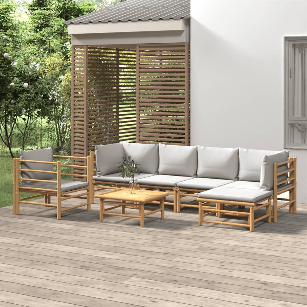 Vetonek Set de muebles de jardín 7 piezas bambú y cojines gris claro