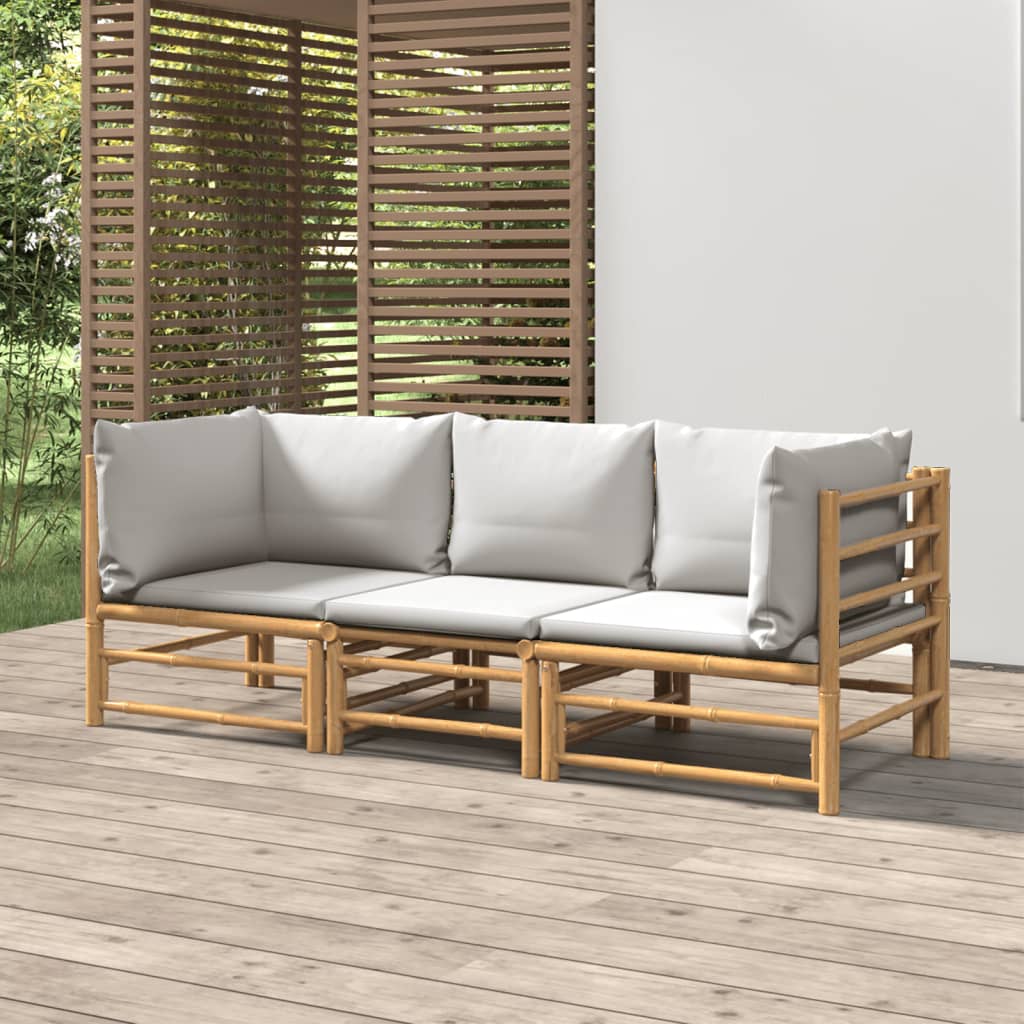 Vetonek Set de muebles de jardín 3 piezas bambú y cojines gris claro