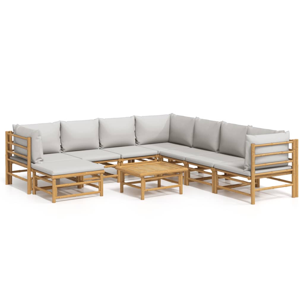 Set de muebles de jardín 9 piezas bambú y cojines gris claro vidaXL