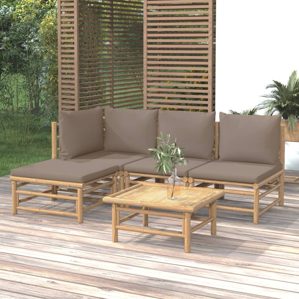 Vetonek Set de muebles de jardín 5 piezas bambú y cojines gris taupé