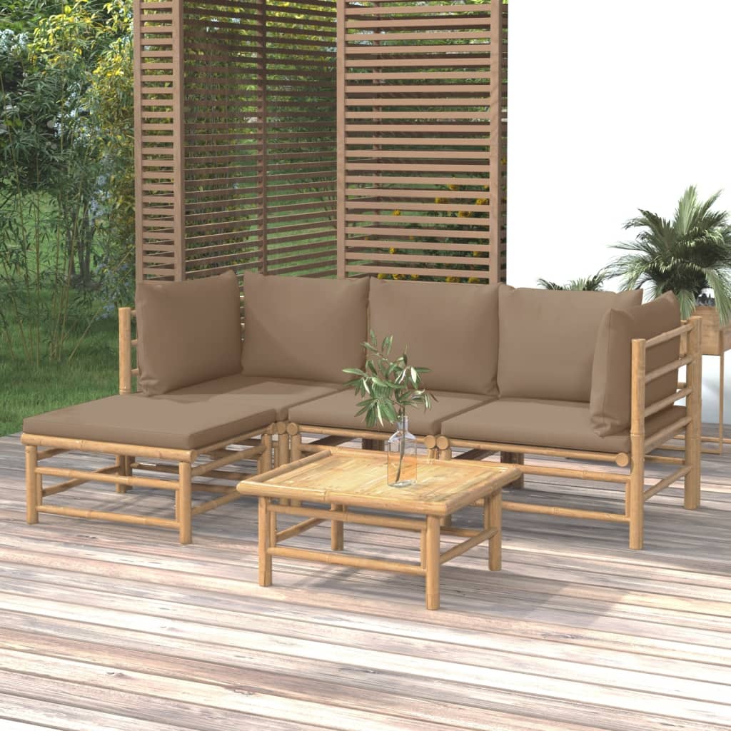 Vetonek Set de muebles de jardín 5 piezas bambú y cojines gris taupé