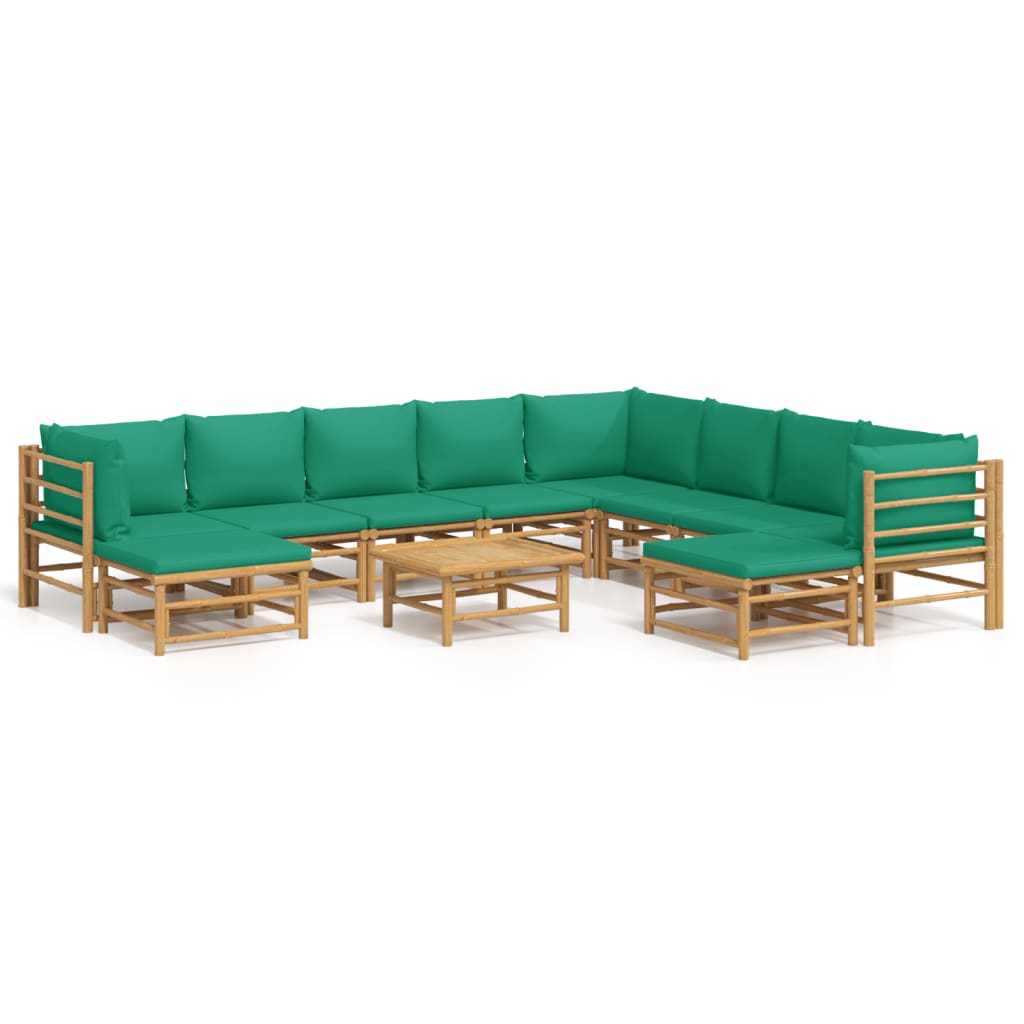 Set de muebles de jardín 11 piezas bambú con cojines verde vidaXL