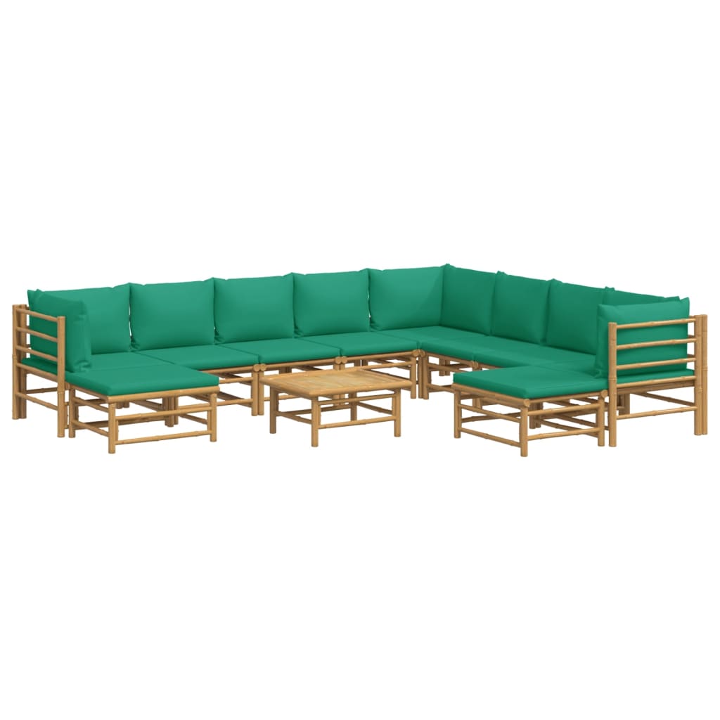 Set de muebles de jardín 11 piezas bambú con cojines verde vidaXL