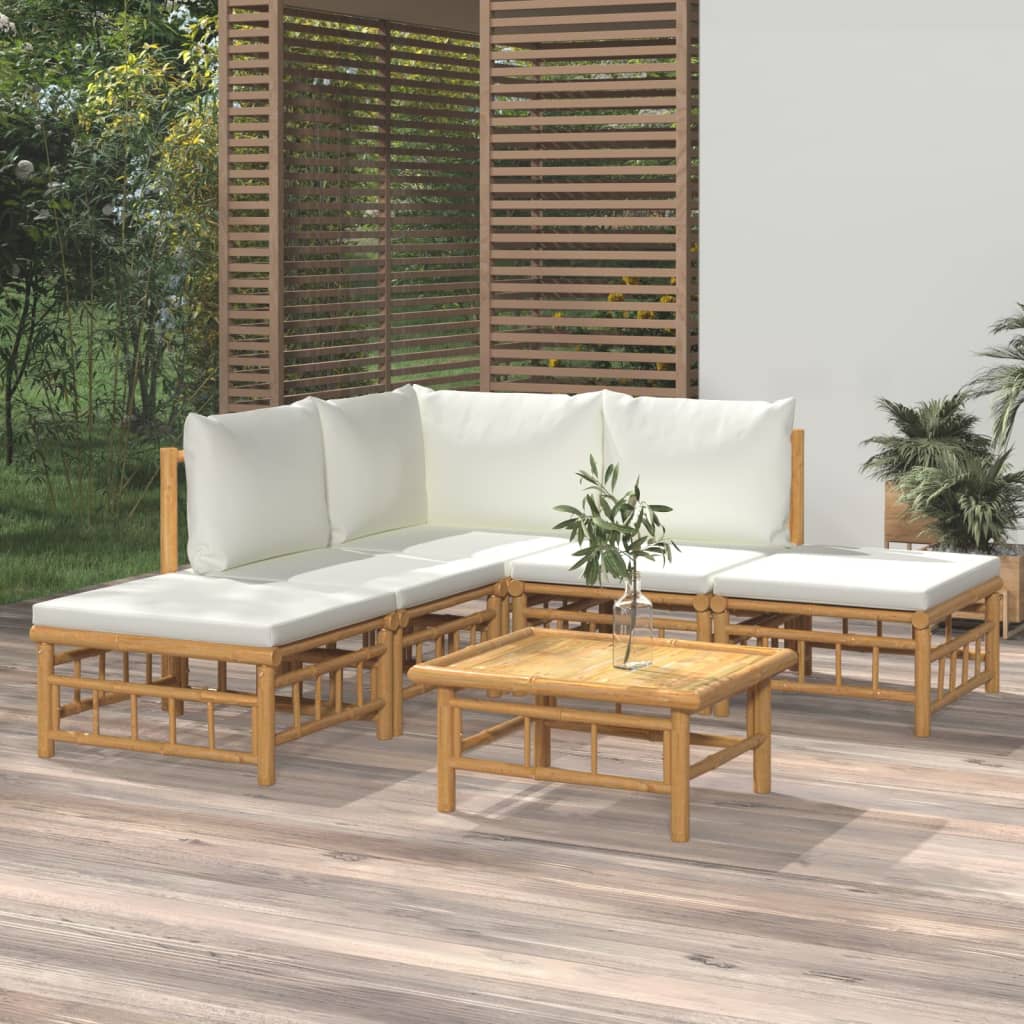 Vetonek Set de muebles de jardín 6 piezas bambú y cojines blanco crema