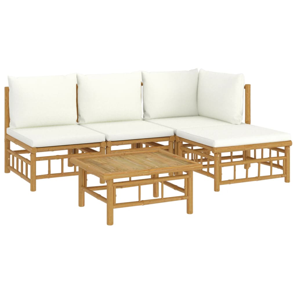 Set de muebles de jardín 5 piezas bambú y cojines blanco crema vidaXL