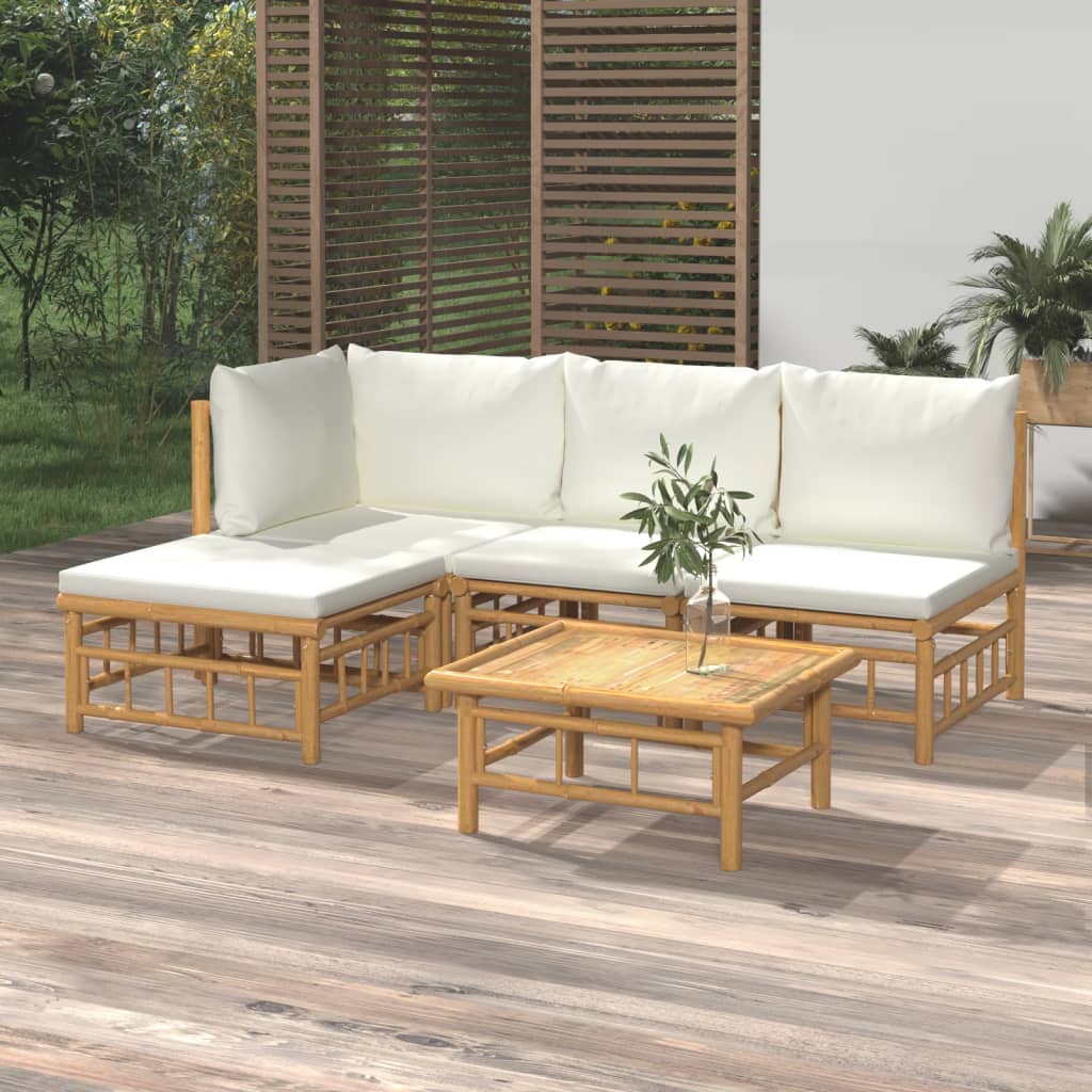 Vetonek Set de muebles de jardín 5 piezas bambú y cojines blanco crema