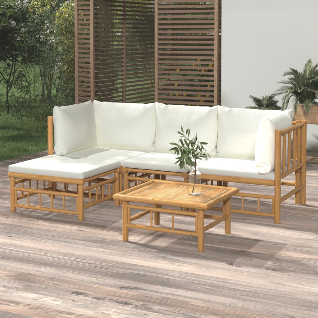 Vetonek Set de muebles de jardín 5 piezas bambú y cojines blanco crema