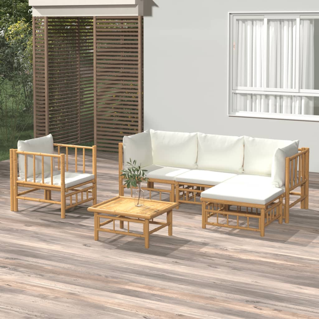 Vetonek Set de muebles de jardín 6 piezas bambú y cojines blanco crema