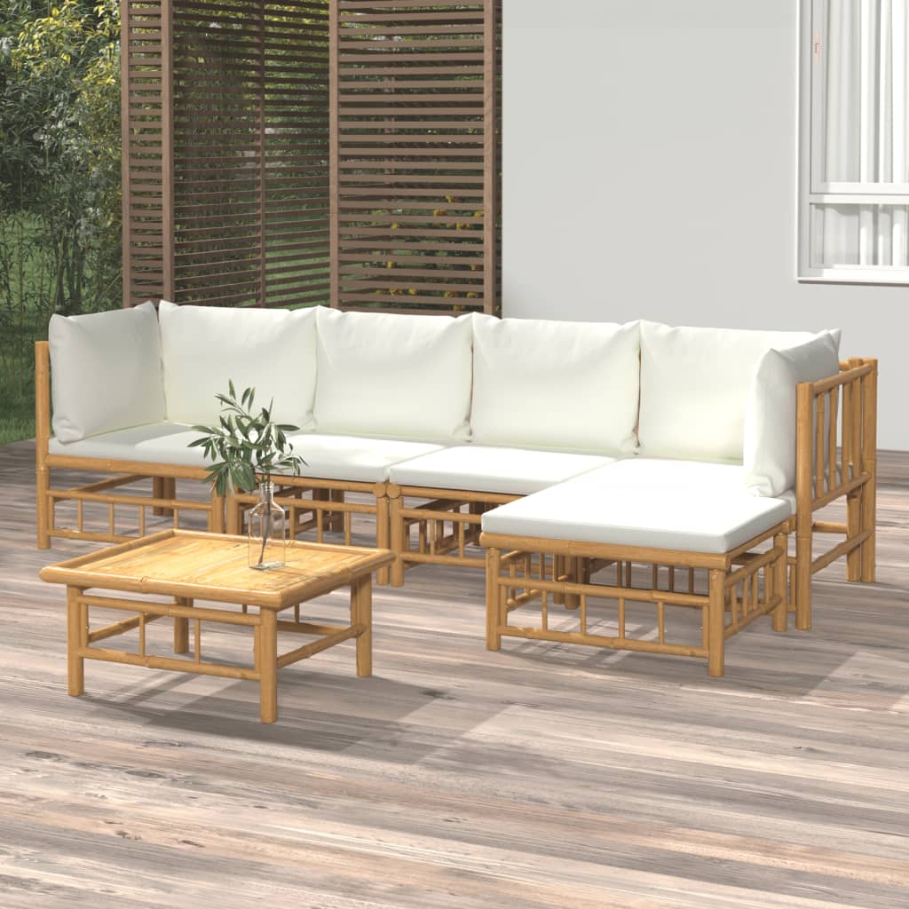 Vetonek Set de muebles de jardín 6 piezas bambú y cojines blanco crema