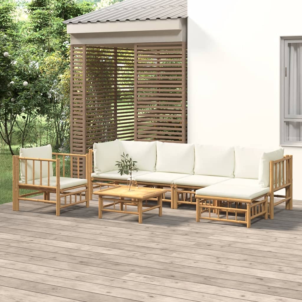 Vetonek Set de muebles de jardín 7 piezas bambú y cojines blanco crema