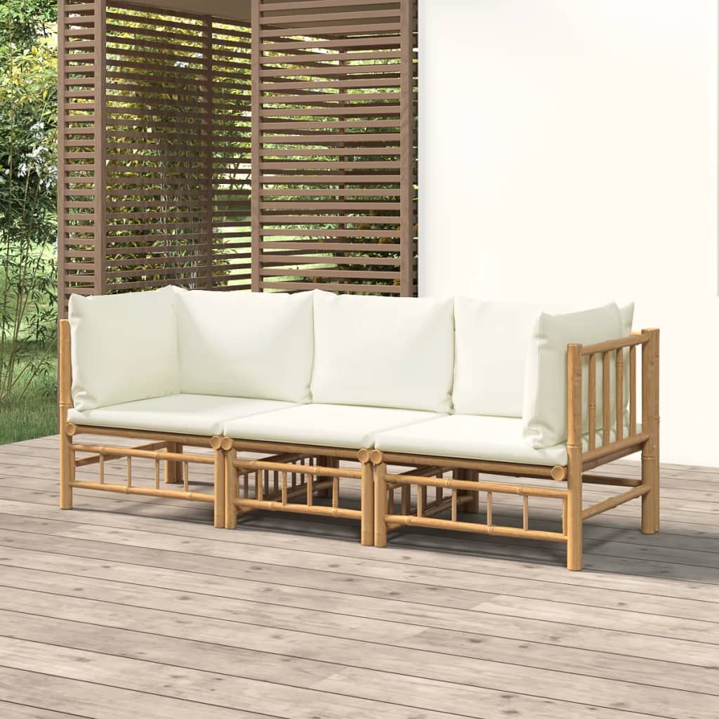 Vetonek Set de muebles de jardín 3 piezas bambú y cojines blanco crema