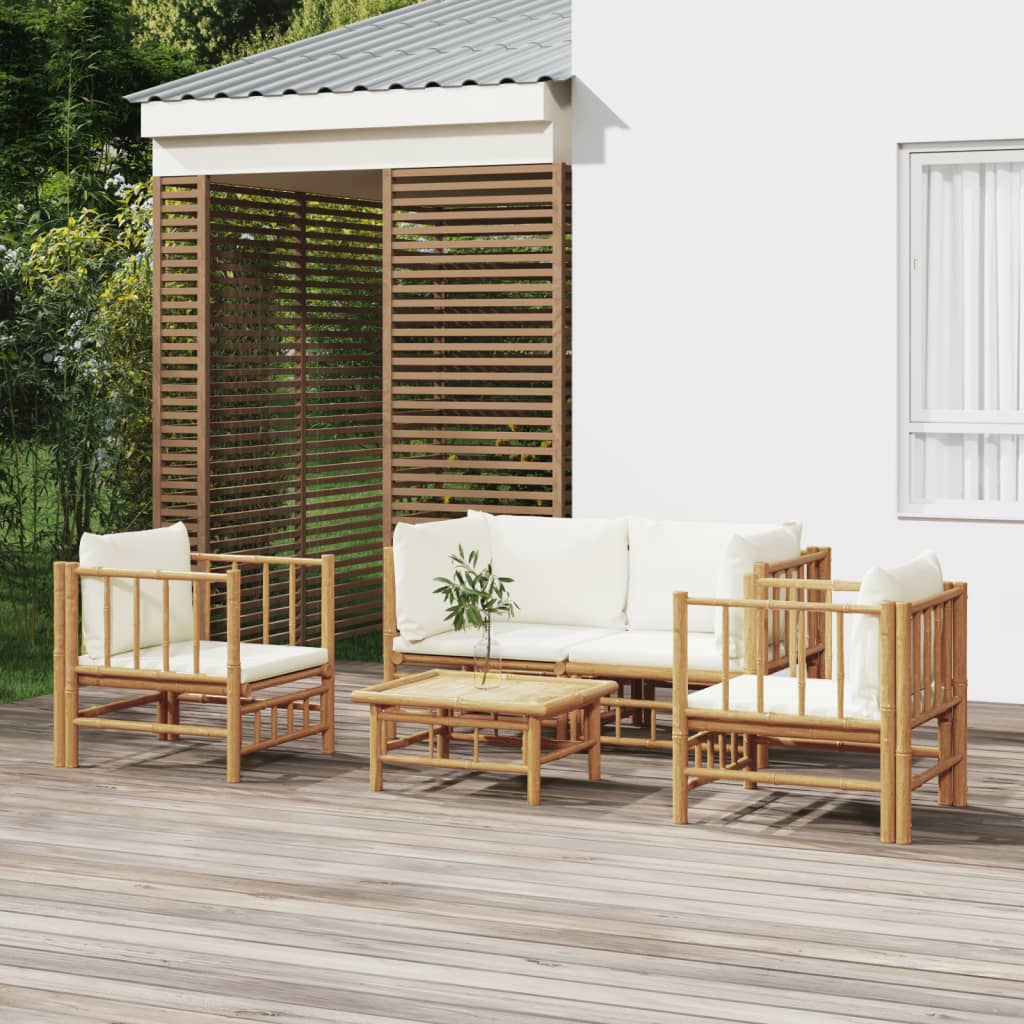 Vetonek Set de muebles de jardín 5 piezas bambú y cojines blanco crema