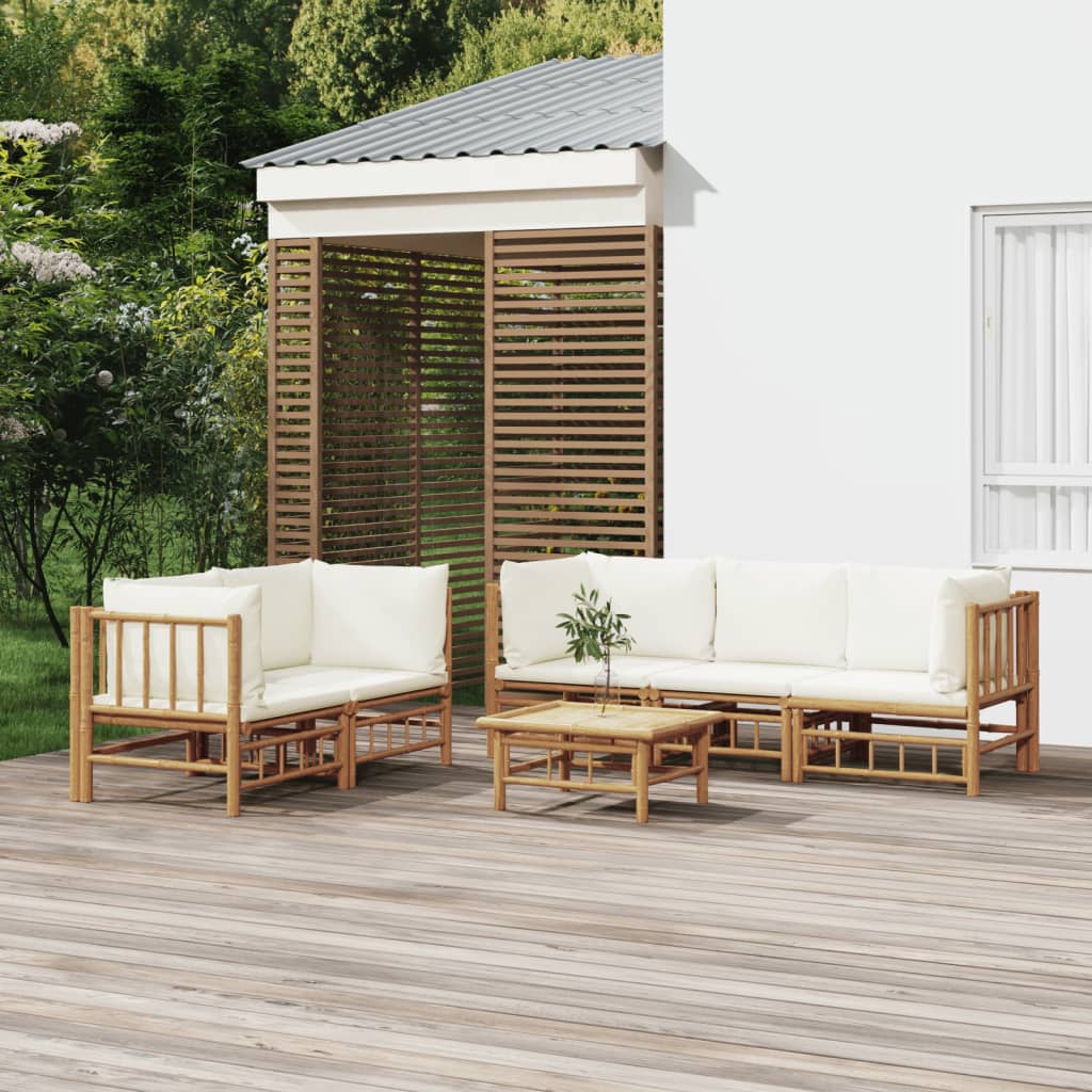 Vetonek Set de muebles de jardín 6 piezas bambú y cojines blanco crema