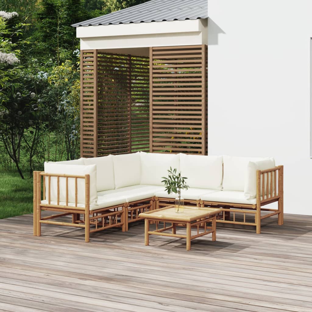 Vetonek Set de muebles de jardín 6 piezas bambú y cojines blanco crema