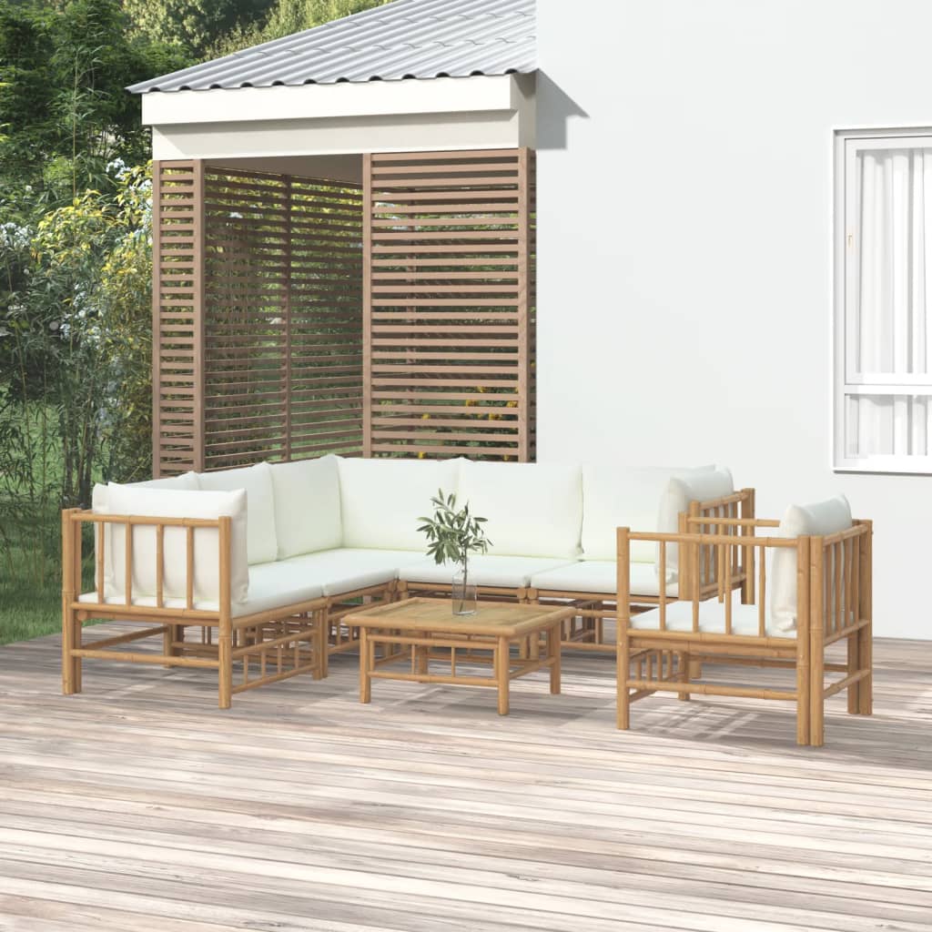 Vetonek Set de muebles de jardín 7 piezas bambú y cojines blanco crema