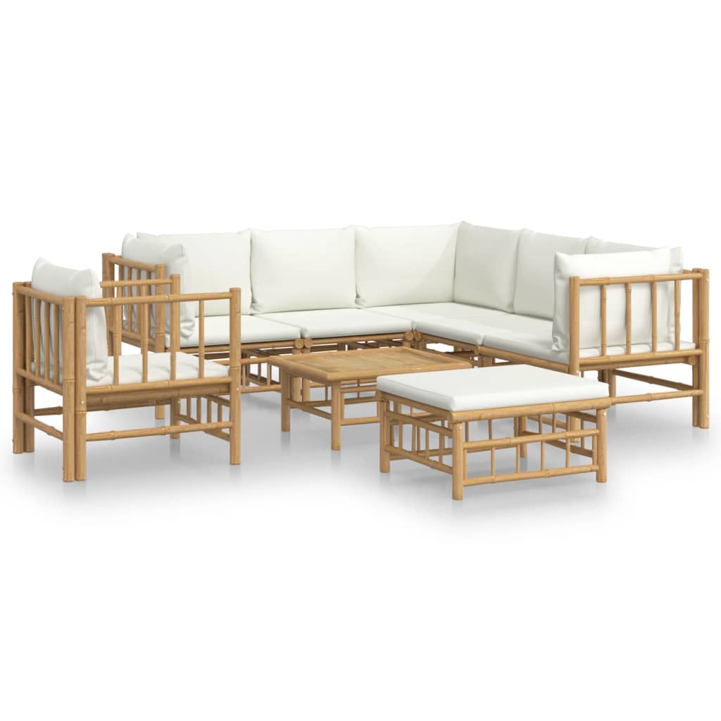 Set de muebles de jardín 8 piezas bambú y cojines blanco crema - Vetonek