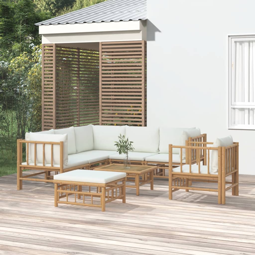 Vetonek Set de muebles de jardín 8 piezas bambú y cojines blanco crema