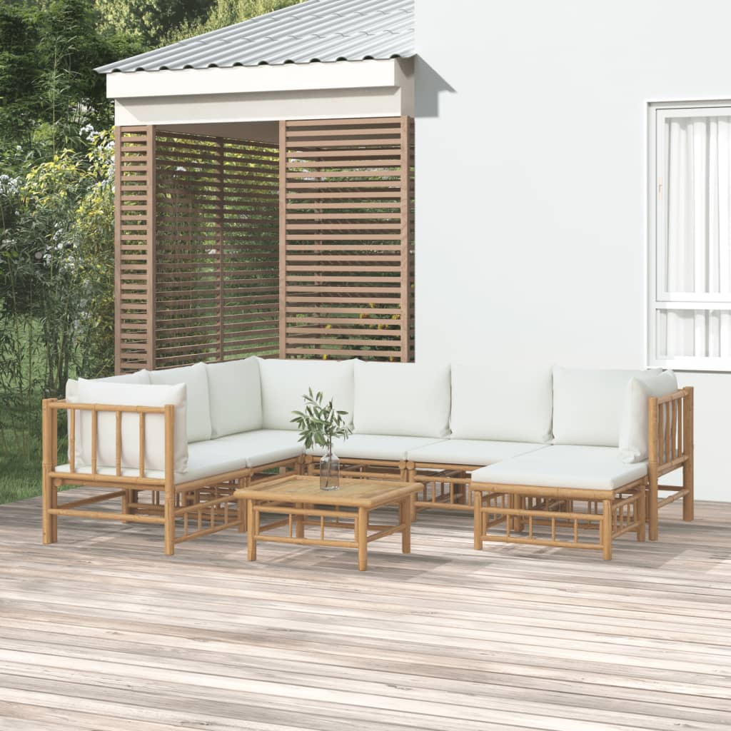 Vetonek Set de muebles de jardín 8 piezas bambú y cojines blanco crema