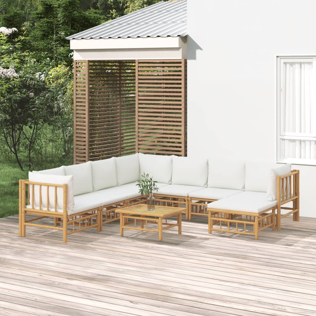 Vetonek Set de muebles de jardín 9 piezas bambú y cojines blanco crema