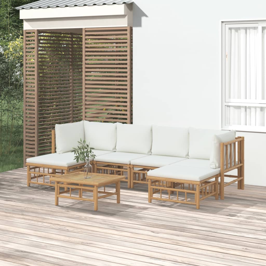 Vetonek Set de muebles de jardín 7 piezas bambú y cojines blanco crema