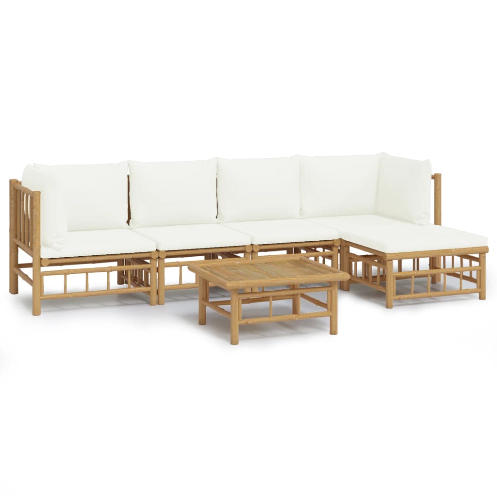 Set de muebles de jardín 6 piezas bambú y cojines blanco crema - Vetonek