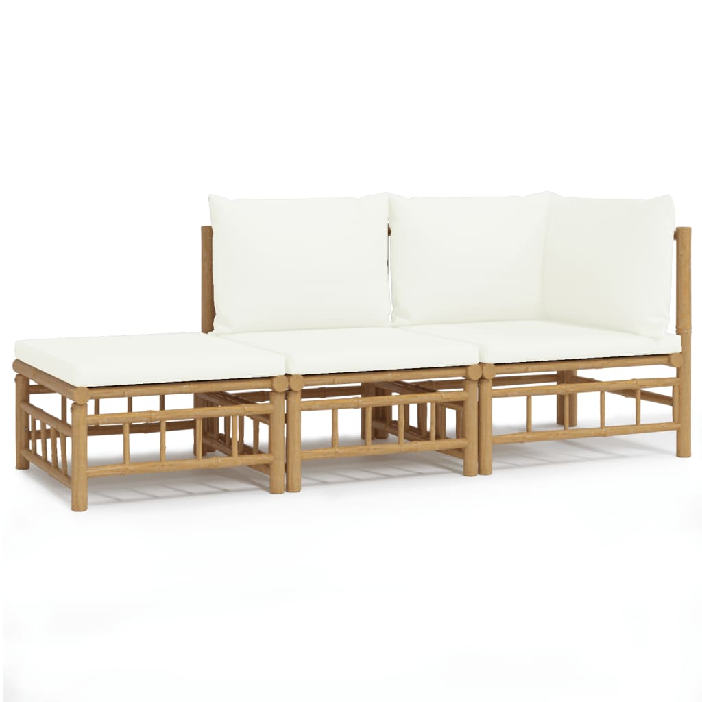 Set de muebles de jardín 3 piezas bambú y cojines blanco crema vidaXL