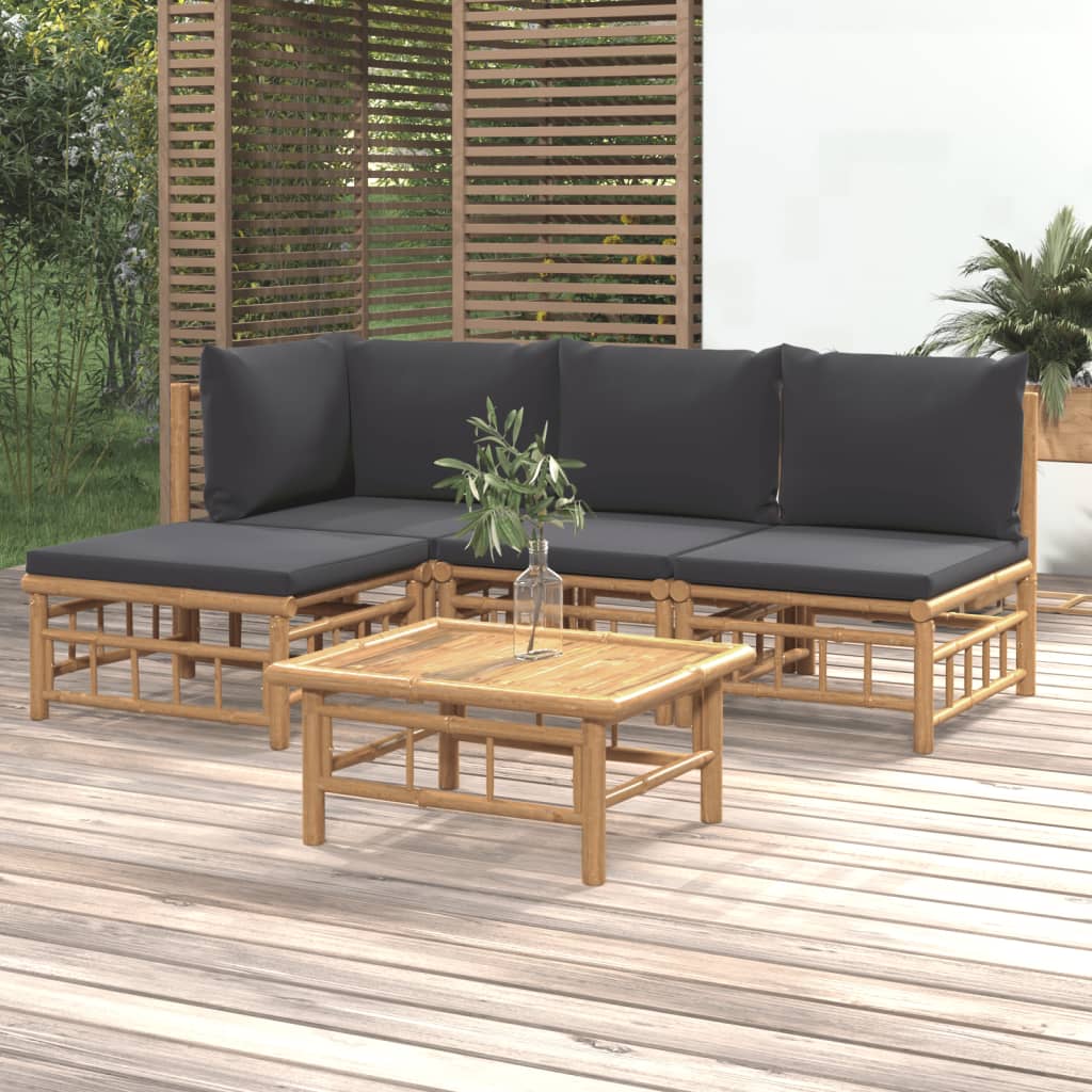 Vetonek Set de muebles de jardín 5 piezas bambú con cojines gris oscuro