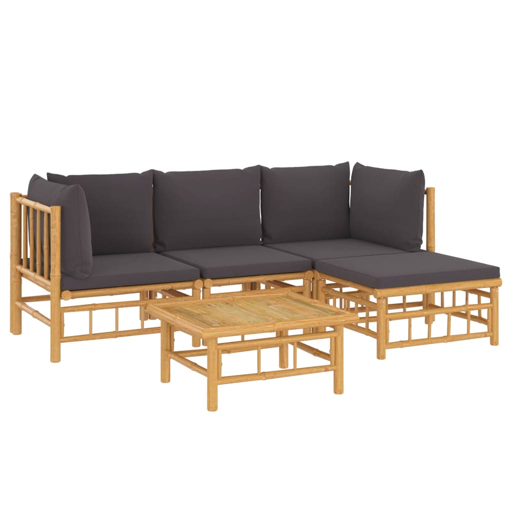 Set de muebles de jardín 5 piezas bambú con cojines gris oscuro vidaXL