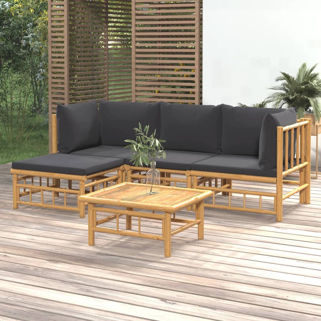 Vetonek Set de muebles de jardín 5 piezas bambú con cojines gris oscuro