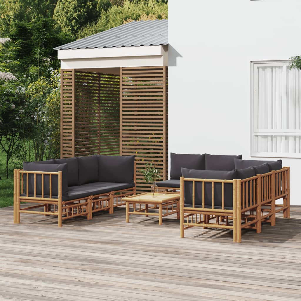 Vetonek Set de muebles de jardín 9 piezas bambú con cojines gris oscuro