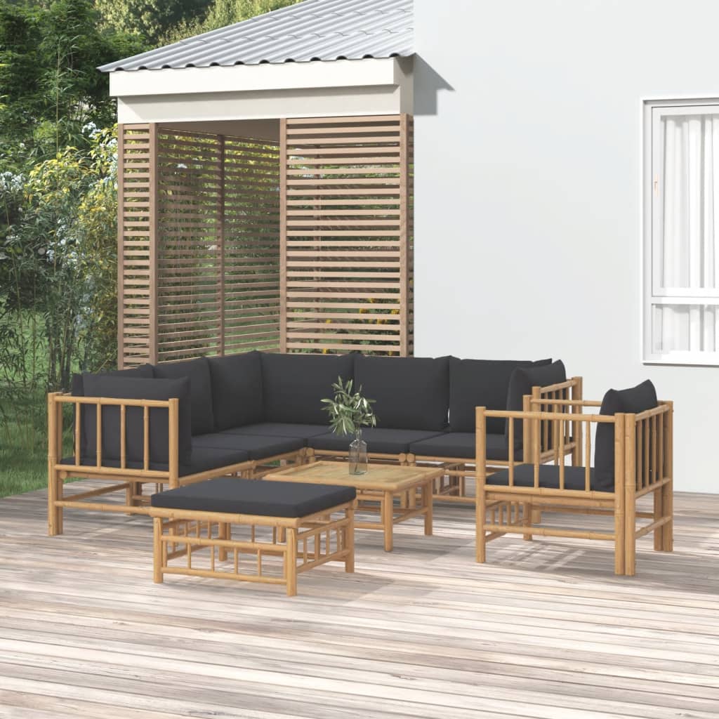 Vetonek Set de muebles de jardín 8 piezas bambú con cojines gris oscuro