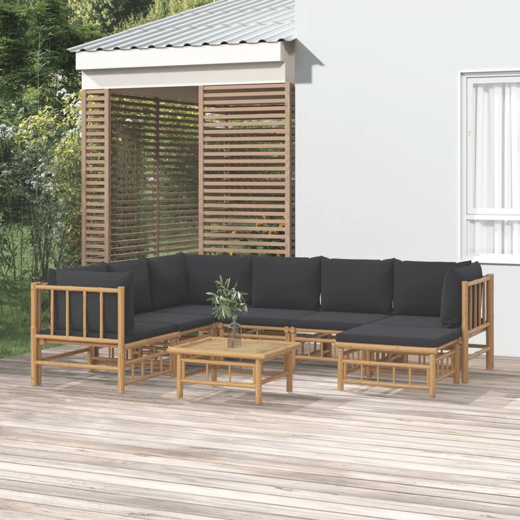 Vetonek Set de muebles de jardín 8 piezas bambú con cojines gris oscuro