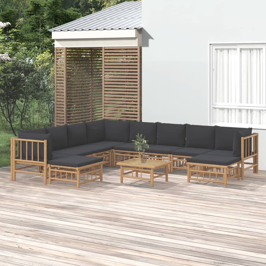 Vetonek Set de muebles de jardín 11 pzas bambú con cojines gris oscuro